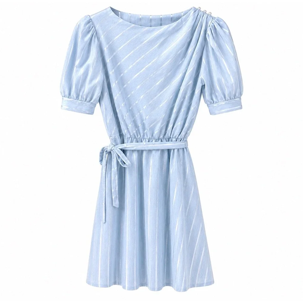 Vintage‎ Miss Oops California Blue Midi Dress Size 8 Puff Sleeve Belted USA Made